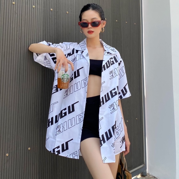 Áo sơ mi form rộng tay ngắn họa tiết Space - local brand HUGU - chất vải lụa mềm mịn thoáng mát, hai màu trắng đen