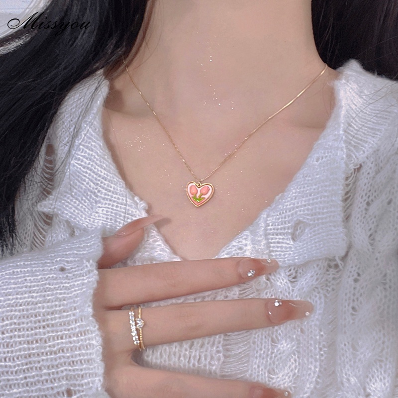 Vòng cổ DODDER mặt trái tim hoa tulip hồng thời trang cho nữ