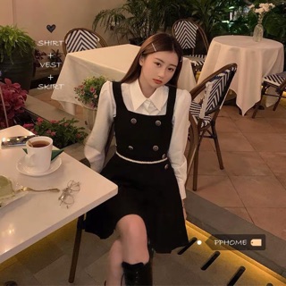 Set áo sơ mi phối gile và chân váy xếp li