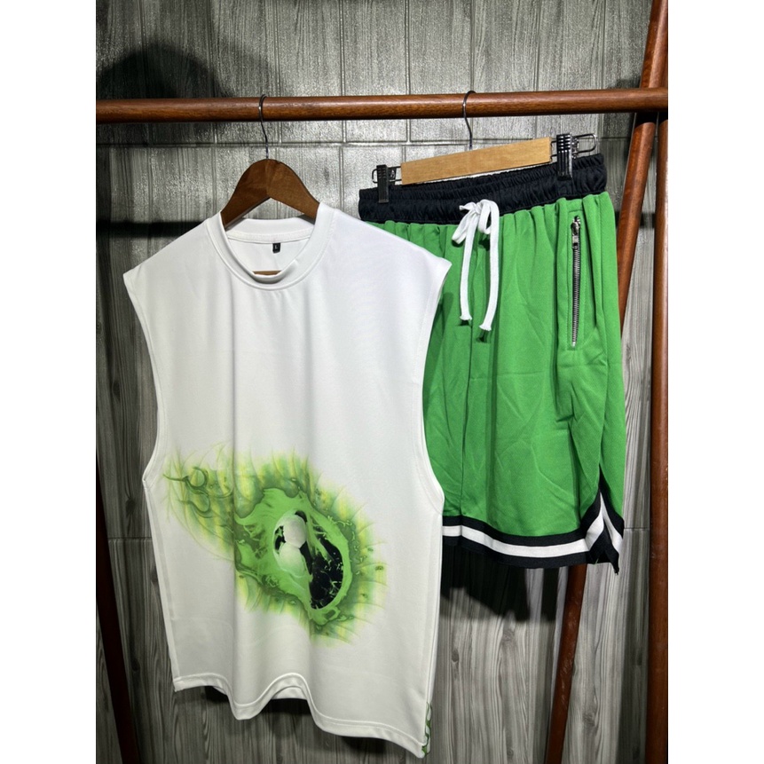 Combo Áo thun Tanktop GREEN FIRE &amp; Short thun Zip Green CVC - Giá sỉ Unisex