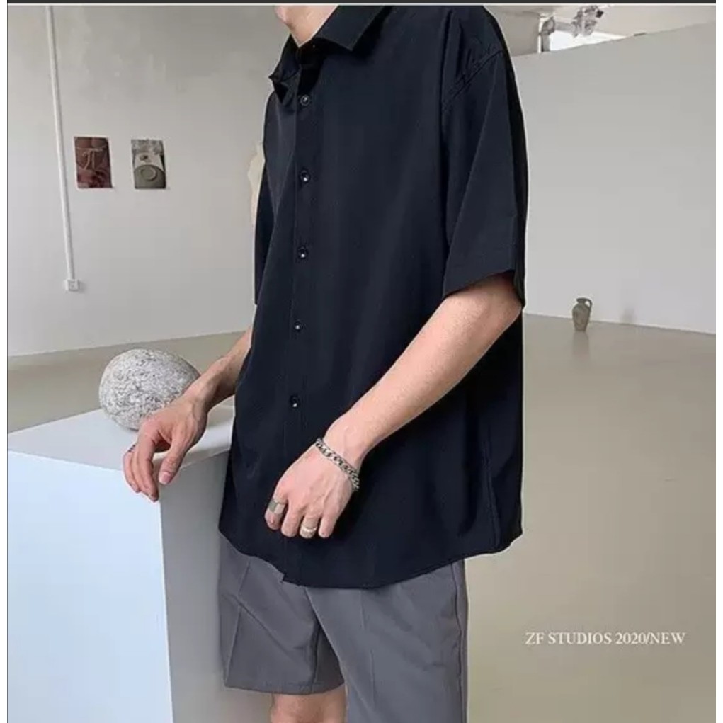 Áo sơ mi form rộng tay ngắn tay lỡ unisex nam nữ cá tính form Hàn Quốc vải lụa màu trắng đen xanh SMN02 | BigBuy360 - bigbuy360.vn