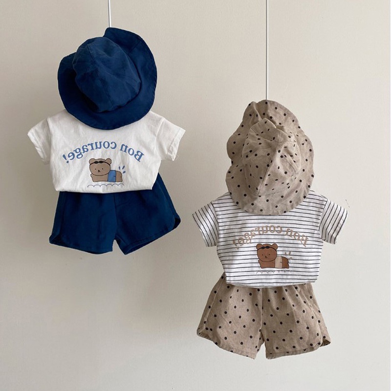 Áo thun cotton tay ngắn họa tiết gấu hoạt hình phong cách Hàn Quốc cho bé Xfi0