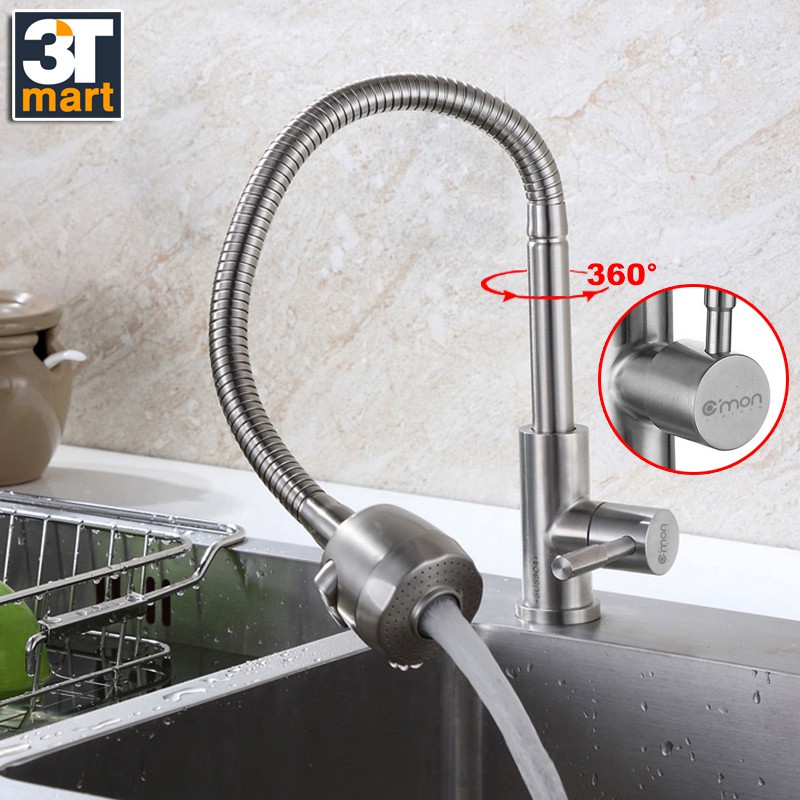 Vòi rửa bát chén lạnh inox 304 cao cấp lò xo xoay 360° C'MON VBL-01