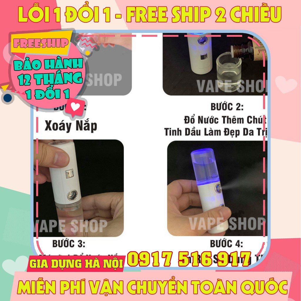 máy xông mặt xịt khoáng Nano, máy xông mặt phun sương mini 30ml sạc USB