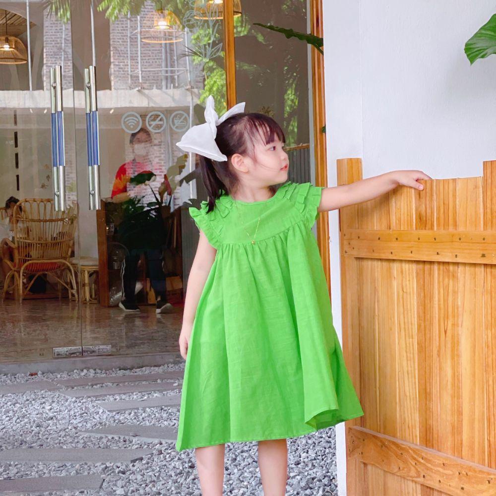 Váy bé gái tiểu thư chất linen xước mềm mại, thiết kế tay bèo xinh xắn