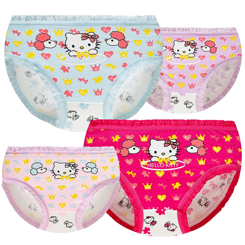 Bộ 4 Quần Lót Boxer Cotton Mềm Mại Co Giãn Thoáng Khí In Họa Tiết Hello Kitty Cho Bé Gái