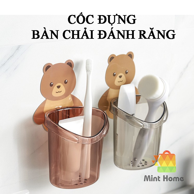 Cốc gấu đựng bàn chải đánh răng điện cho bé, giá ly để cắm kem đánh răng dán gắn tường hình gấu dễ thương