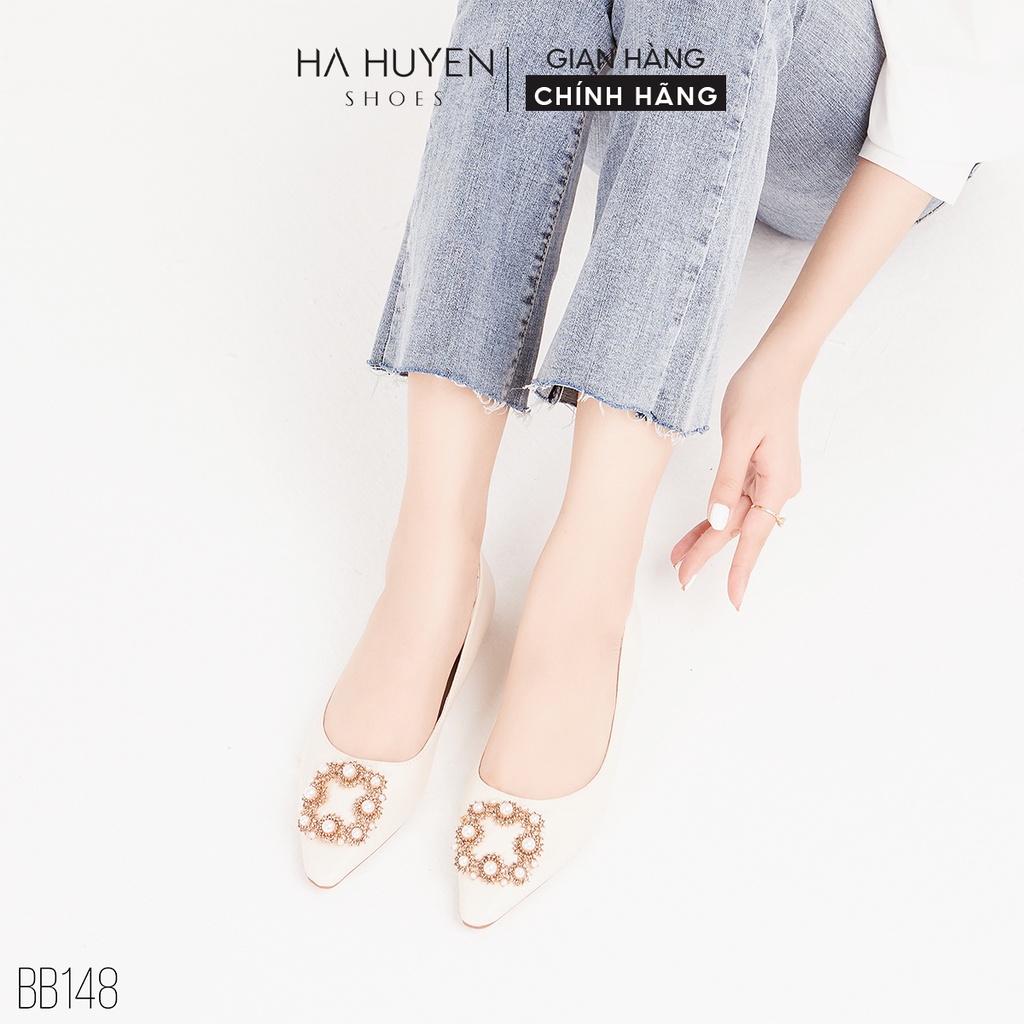 Giày búp bê nữ Hà Huyền Shoes da trơn mũi nhọn đính nơ ngọc cao cấp - BB148