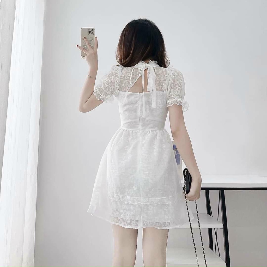 Đầm Xòe Thiết Kế Khoét Ngực Dáng Ngắn Họa Tiết Hoa Nổi Phong Cách Tiểu Thư Màu Trắng, Đen | ROSE CLOTHING D0633
