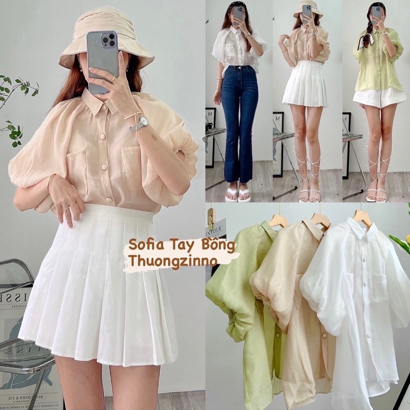 [Ảnh thật/Video] Áo bi bèo Sofia siêu xinh thiết kế cúc bọc 2 màu trắng/ be - áo sơ mi bánh bèo tay phồng