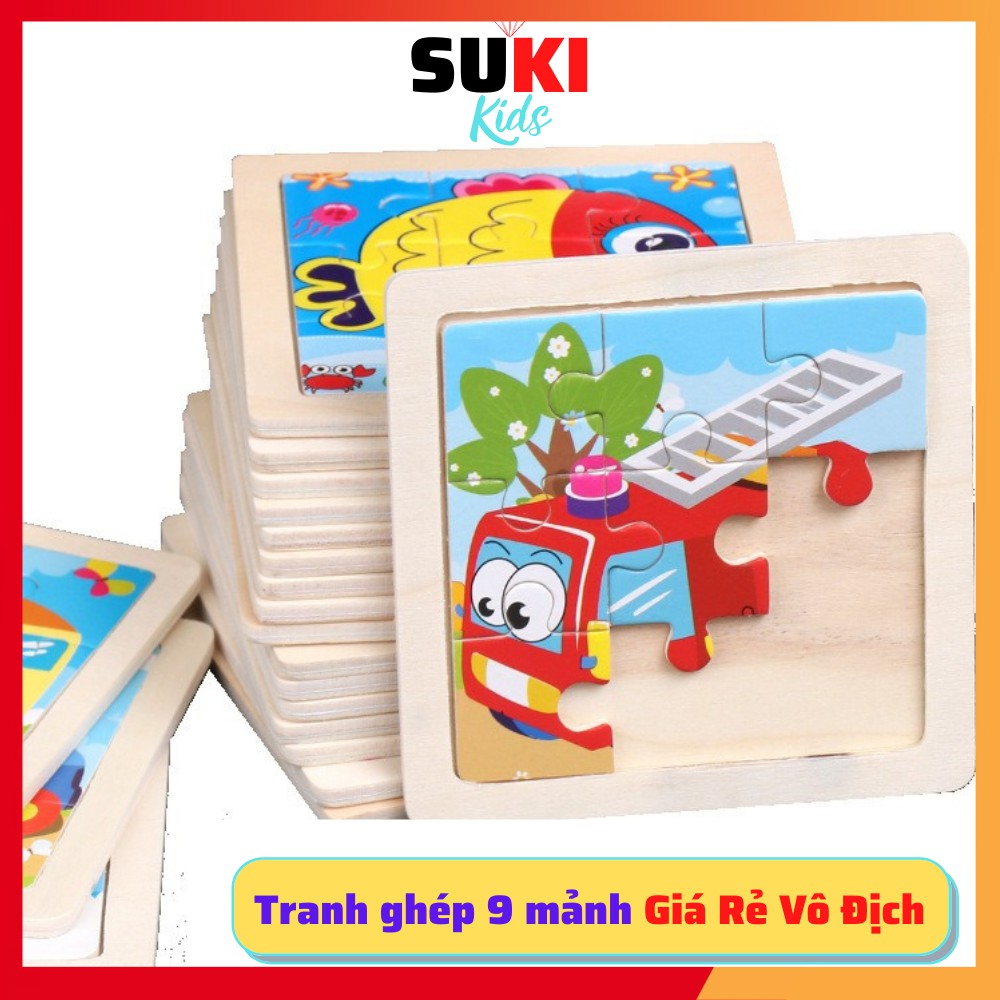 Đồ Chơi Trẻ Em Thông Minh Ghép Hình Bằng Gỗ Cho Bé Bộ Bảng Xếp Hình Tranh 9 Mảnh 11x11cm Suki Kids DC-T02