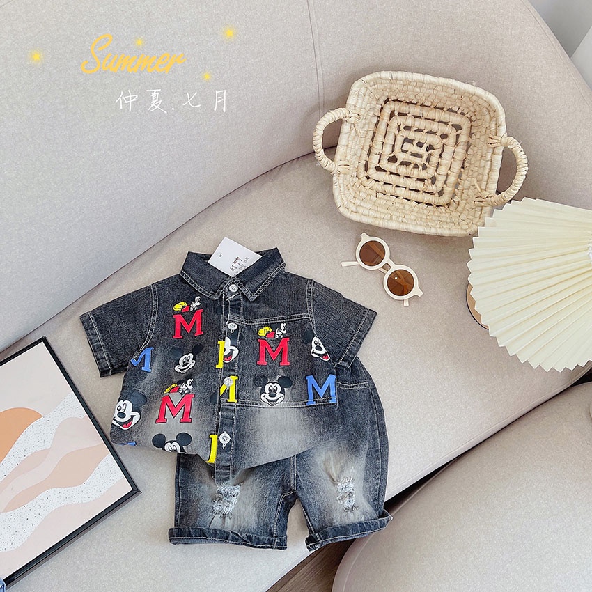 Bộ Quần Áo Bò Cộc Tay Trẻ Em In Hình Mickyy Dễ Thương Cho Bé Gái Từ 8-30kg Mã CT62