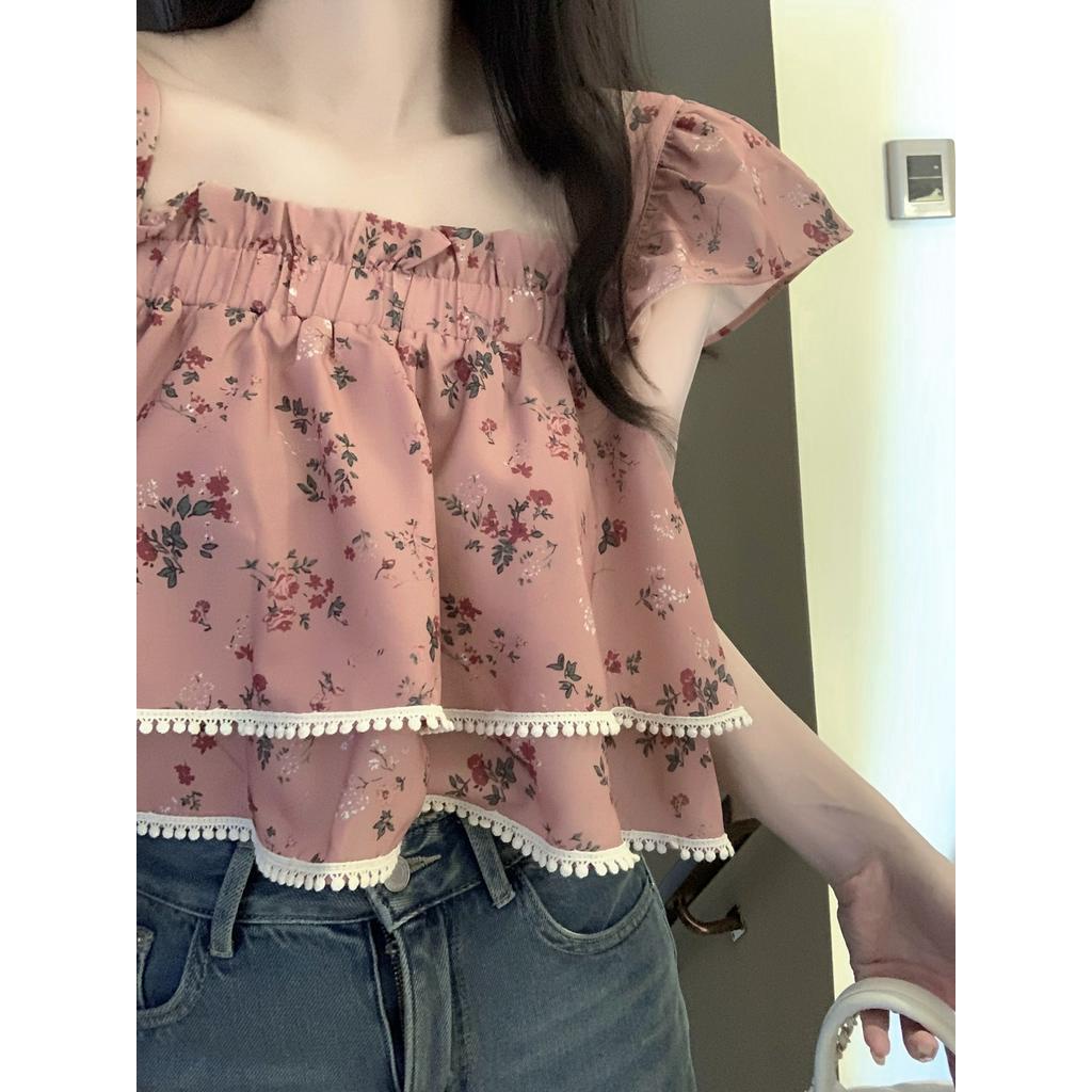 Áo Kiểu Tay Phồng Cổ Vuông In Họa Tiết Hoa Thời Trang Mùa Hè Xinh Xắn Cho Nữ
