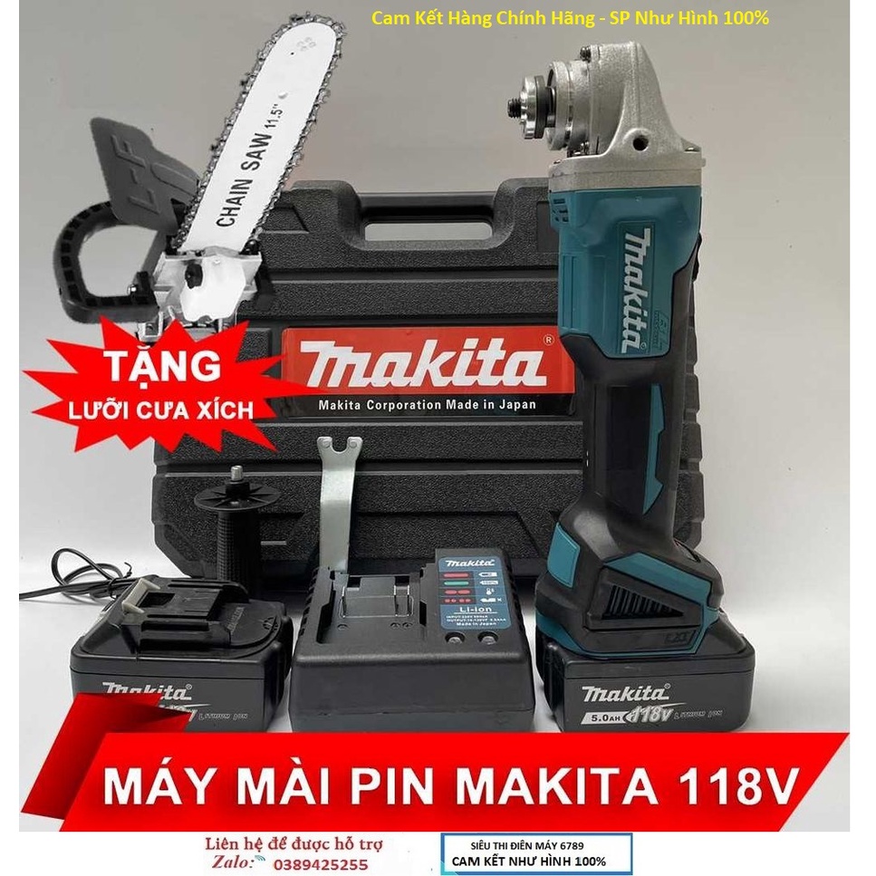 Máy mài cắt cầm tay pin Makita 118V Tặng kèm 1 lưỡi cưa xích cắt cây - Hàng Chính Hãng
