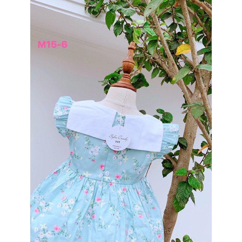 Đầm hoa hồng kem, xanh ngọc cổ trắng 1y-10y