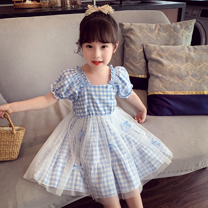 Đầm Công Chúa Tay Phồng Ngắn Kẻ Sọc Lưới Thời Trang Mùa Hè Hàn Quốc Mới Dành Cho Bé Gái 2022