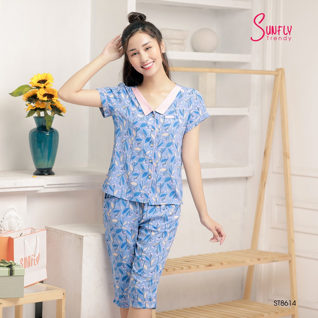 Bộ Pijamas lanh SUNFLY áo cộc quần ngố ST8614