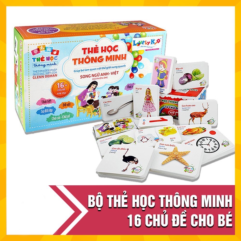 Thẻ học thông minh cho bé, bộ thẻ học song ngữ 16 chủ đề 416 thẻ
