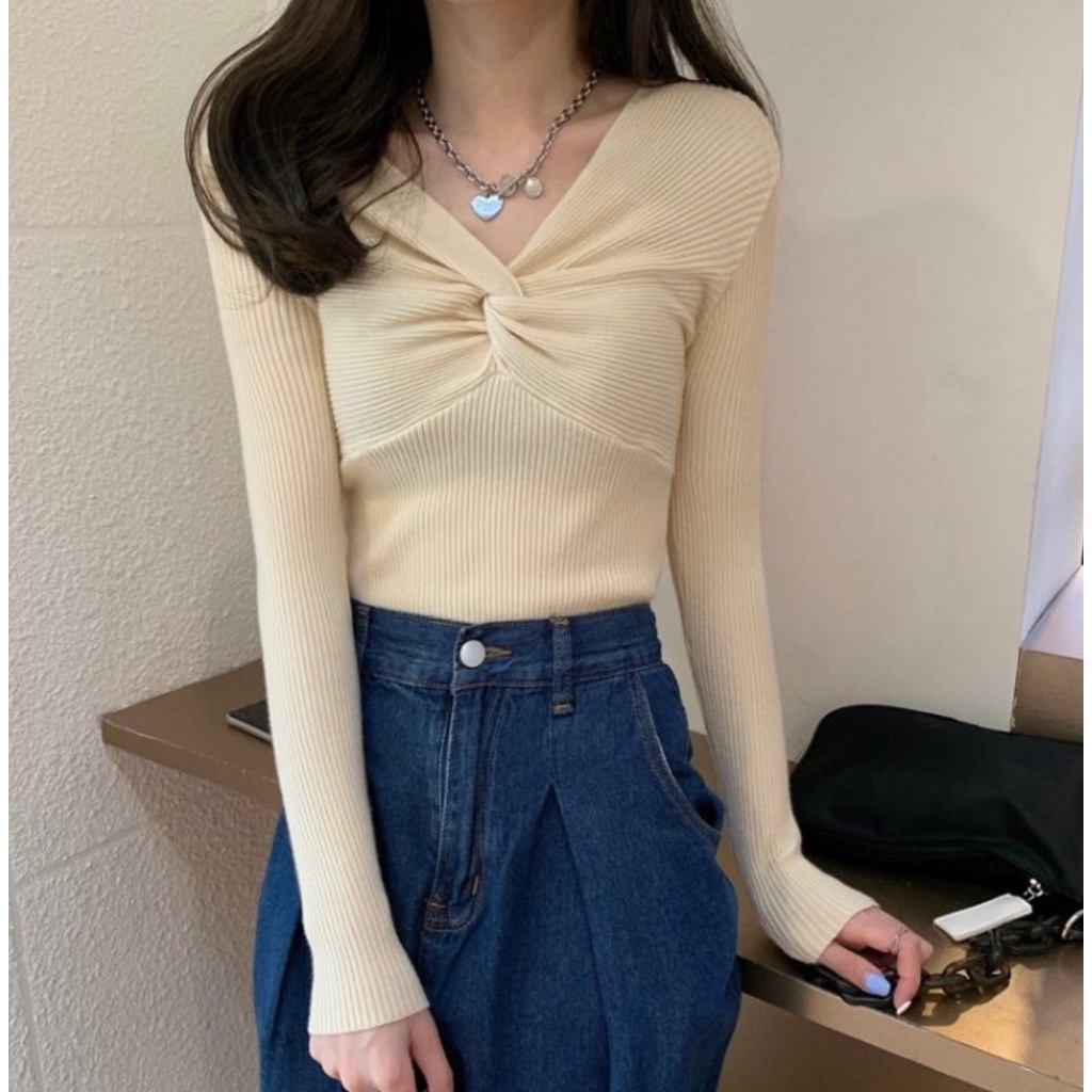 VN350 Áo len xoắn ngực thu đông dệt kim