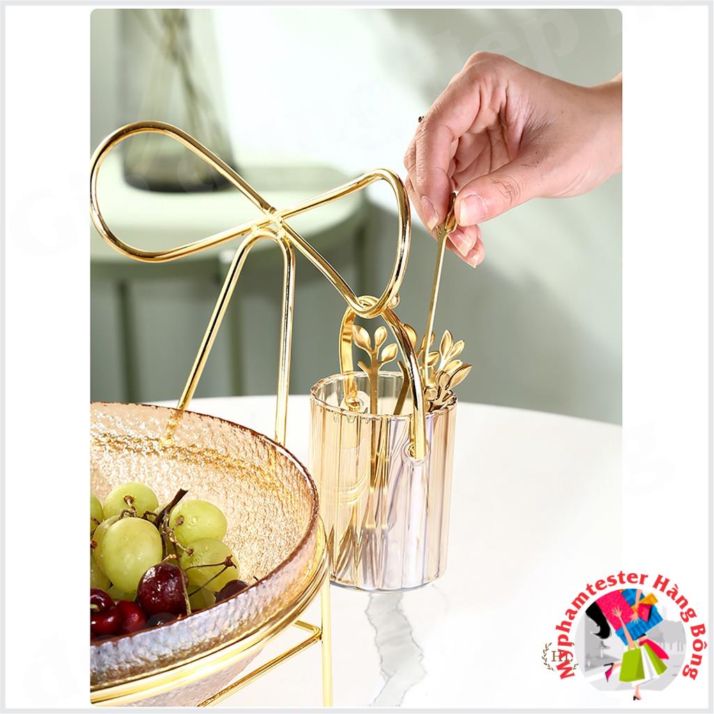 Set Lẵng Thủy Tinh Kèm Nĩa + Bát Thủy Tinh Đựng Hoa Quả Kèm Kệ Inox Vàng Màu Hổ Phách - Khói Xám Phong Cách Vintage 2022