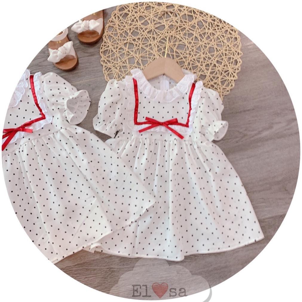 Váy bé gái hè chấm bi cổ ren đỏ