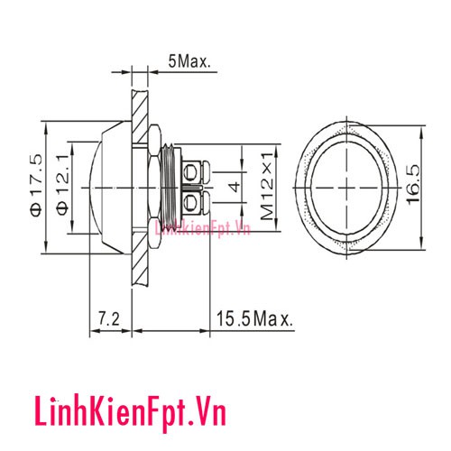 Nút nhấn nhả 12v 12mm đầu tròn (chống nước) .