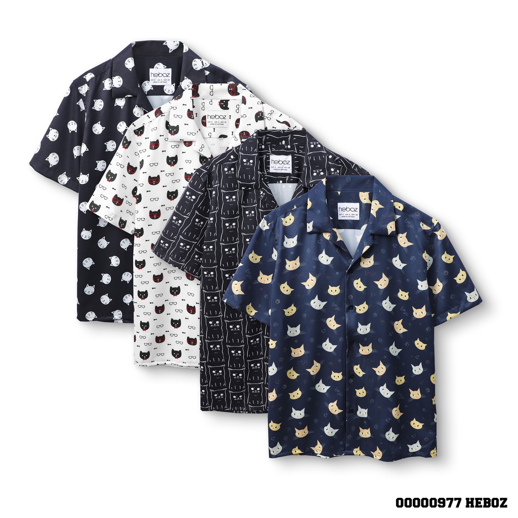 Sơ mi pijama cat Heboz 4M vải lụa gân xéo, form slim fit, hoạ tiết mèo nhỏ - 00000977
