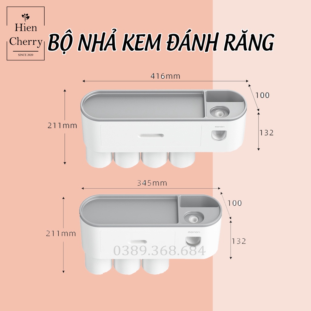 Bộ nhả kem đánh răng tự động cao cấp, dán tường, kèm giá để đổ, cốc nước và giá treo bàn chải đánh răng