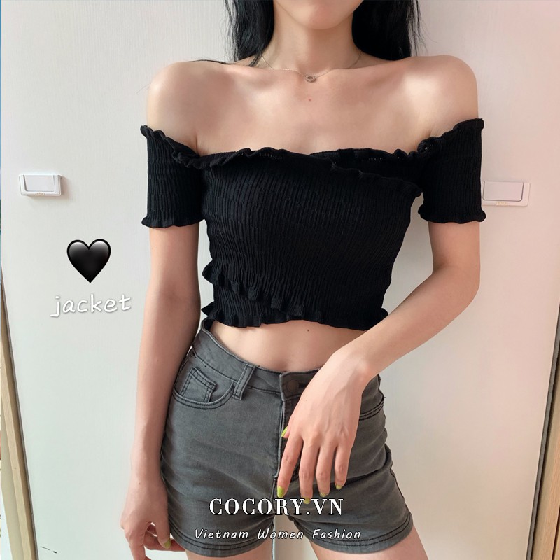 Cocory vn Áo Croptop Tay Ngắn Thiết Kế Trễ Vai Quyến Rũ