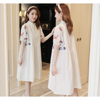 Đầm bầu váy bầu công sở xếp li , và thêu sau sanh có nút cho bé bú