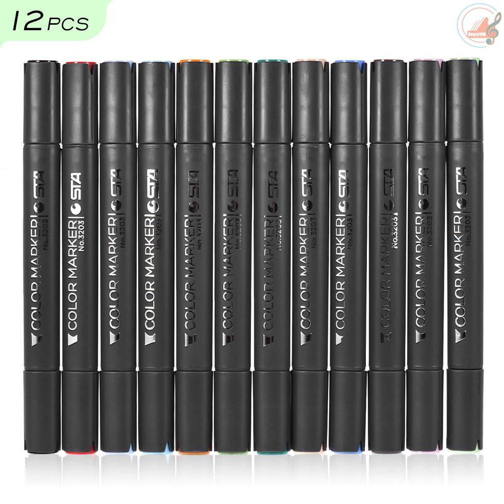 12 Colors Twin Marker Marking Pen Highlighter Broad Fine Tip Alcohol-based Ink for Manga Advertisement Architecture   Designing