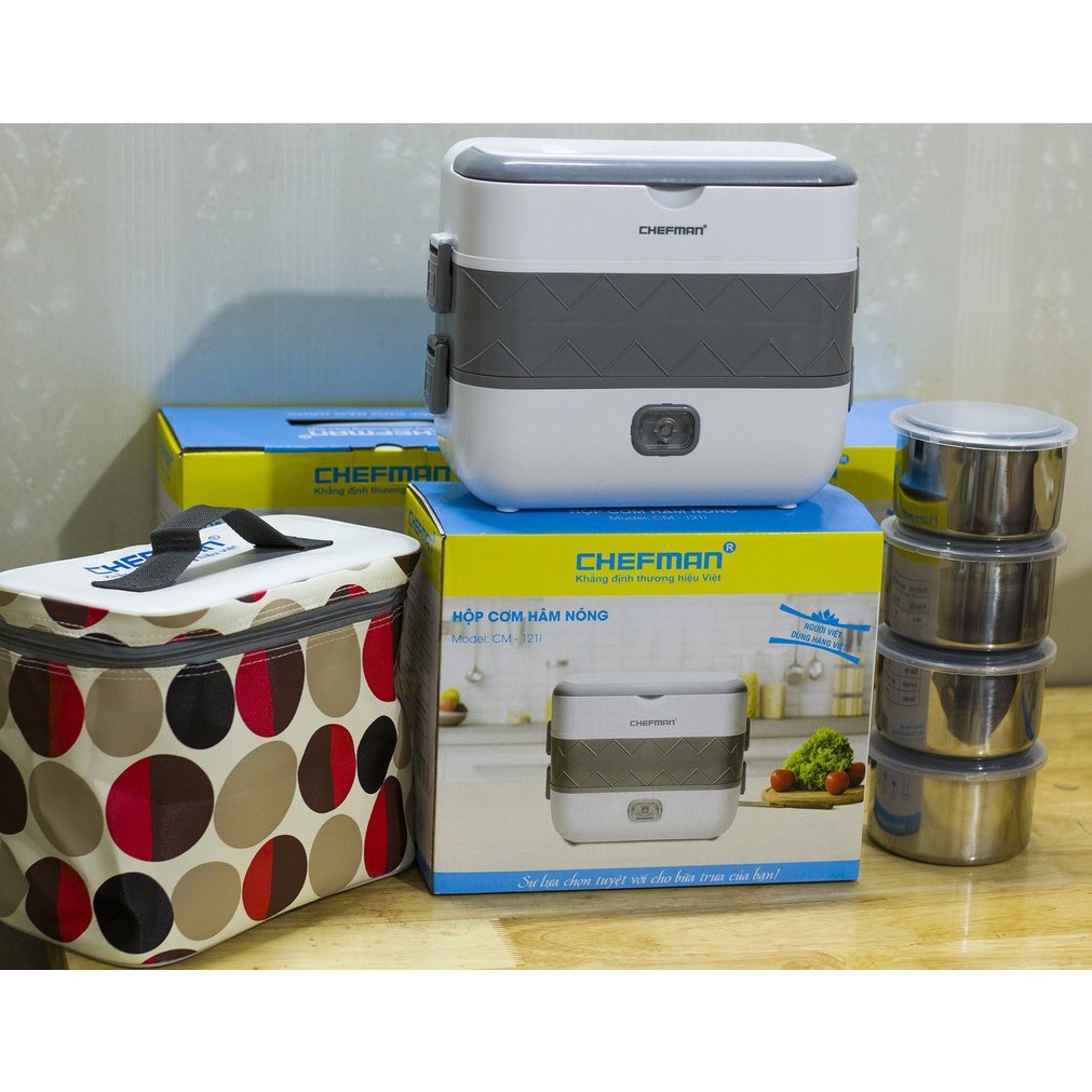 Hộp Cơm Chefman CM - 121i, Bảo Hành 12 ThángHâm Nóng Thức Ăn, Nấu Chín Cơm Như Nồi Điện Thông Thường + Túi Da Giữ Nhiệt