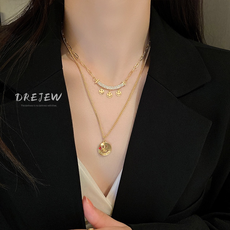 Dây Chuyền Hai Lớp Hình Mặt Cười Đính Đá Phong Cách Hip-Hop Thời Trang