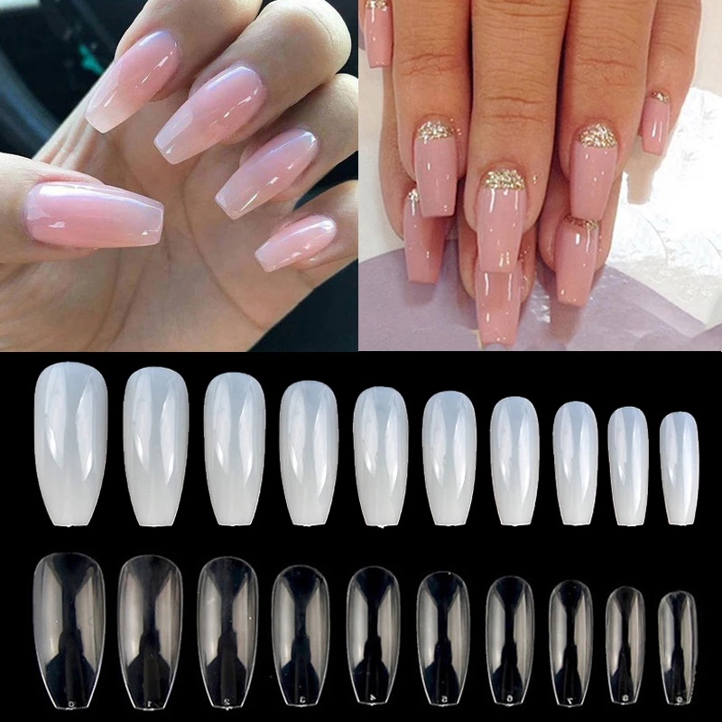 Bộ 100 Móng Tay Giả / Móng Tay Giả / Móng Tay Giả Bằng Acrylic Trong Suốt / Che Phủ Toàn Diện / Móng Tay Giả Kiểu Pháp / Ballerina Kèm Hộp Đựng