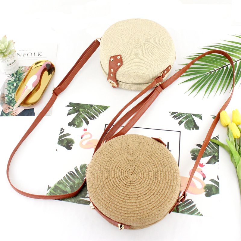 [NowShip - Giao Ngay] Túi Cói Boho Vintage Đeo Vai, Đeo Chéo Hình Tròn Dây Da Màu Nâu Be Trơn