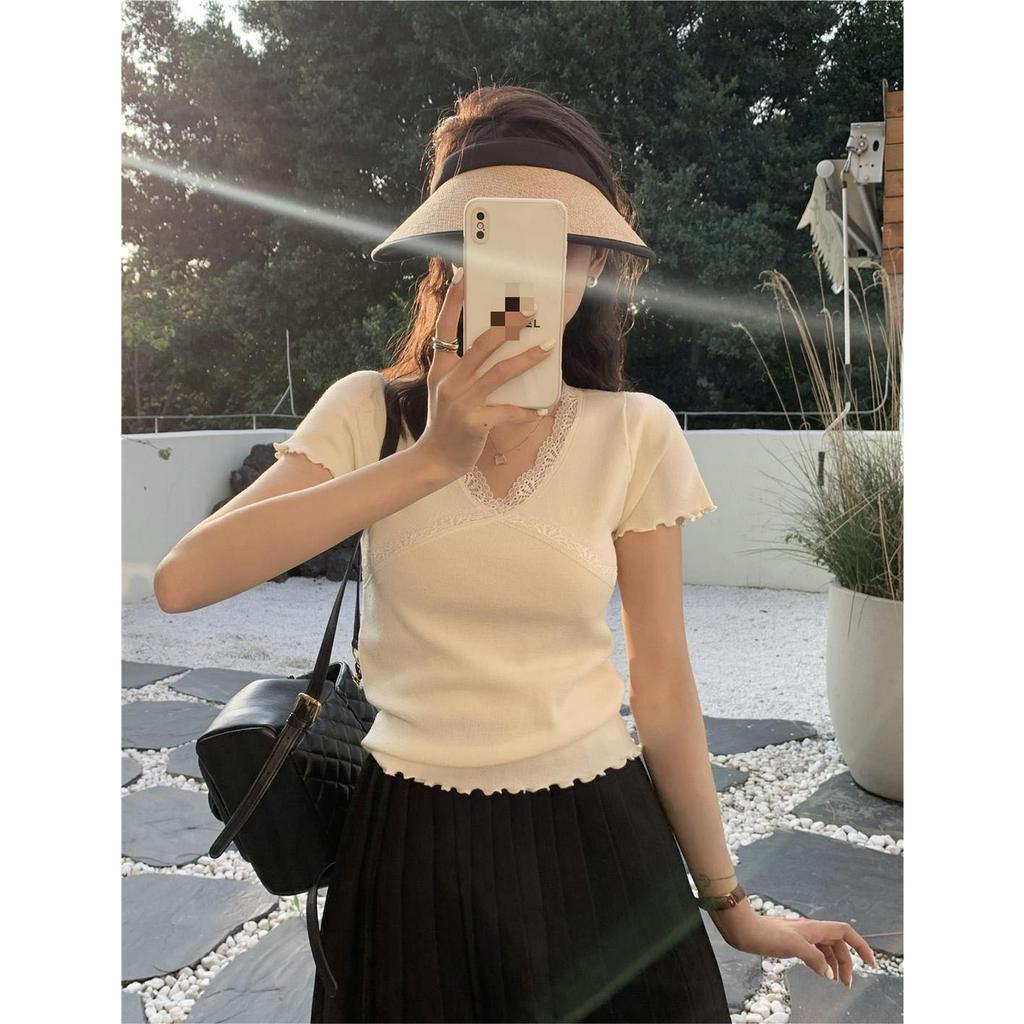 ZHELIHANGFEI Áo Thun Nữ Ngắn Tay Cổ Chữ v Phối Ren Thời Trang