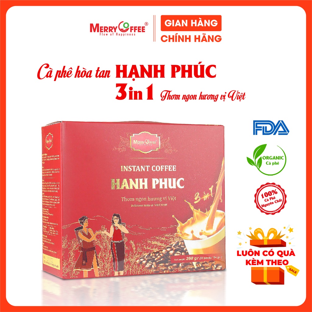 Hộp Cà Phê Hòa Tan 3IN1 Hạnh Phúc Không Béo Có Thể Dùng Khi Ăn Chay 24Gr
