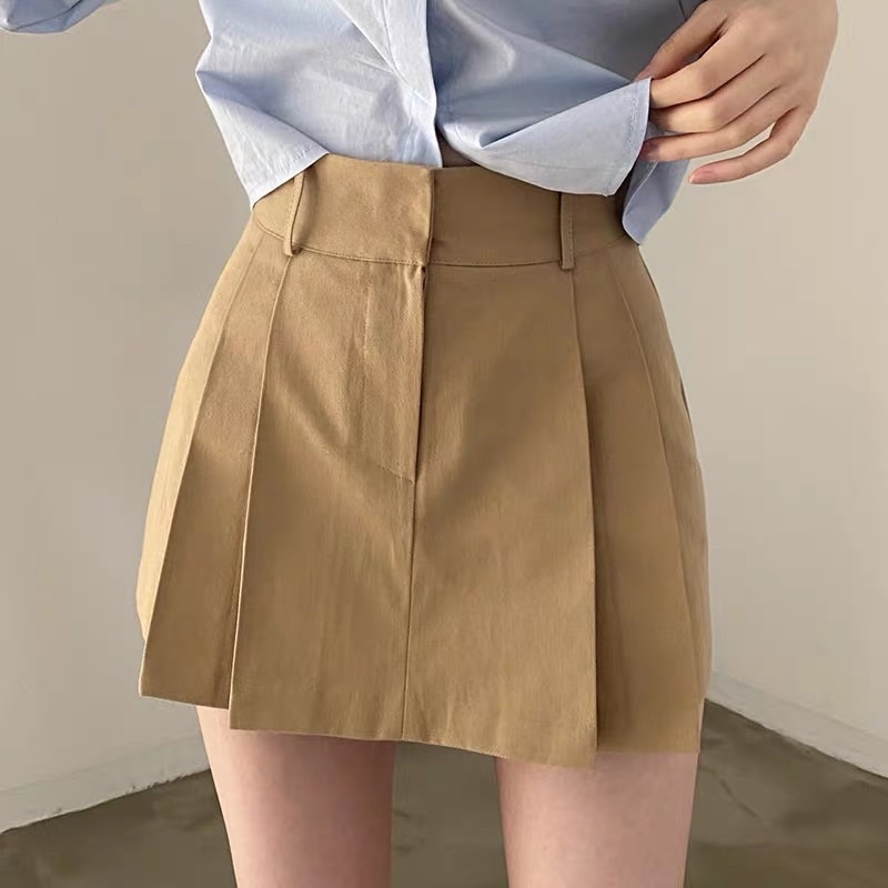 MERSHE • Chân Váy Chữ A Ngắn Kaki Xếp Ly Dấu Khoá