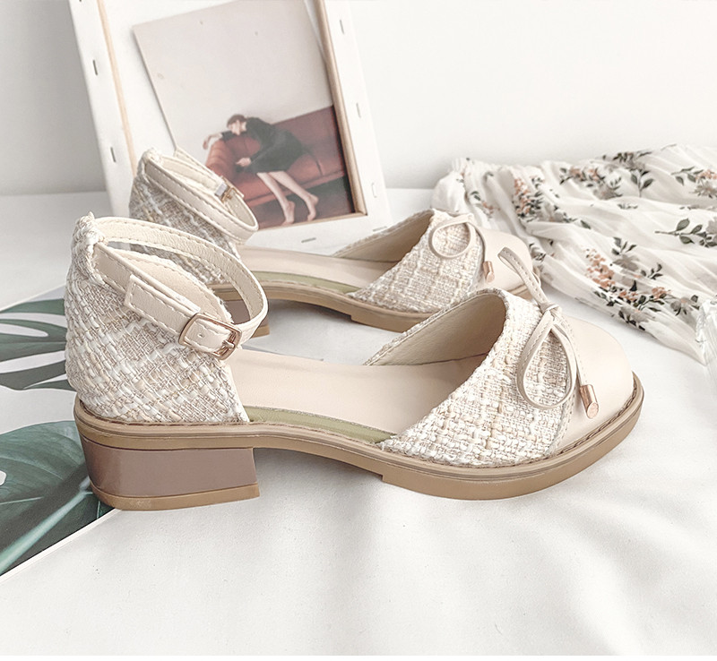 Giày Sandal Giày nữ phong cách Nhật Bản gót thô 4cm đính nơ