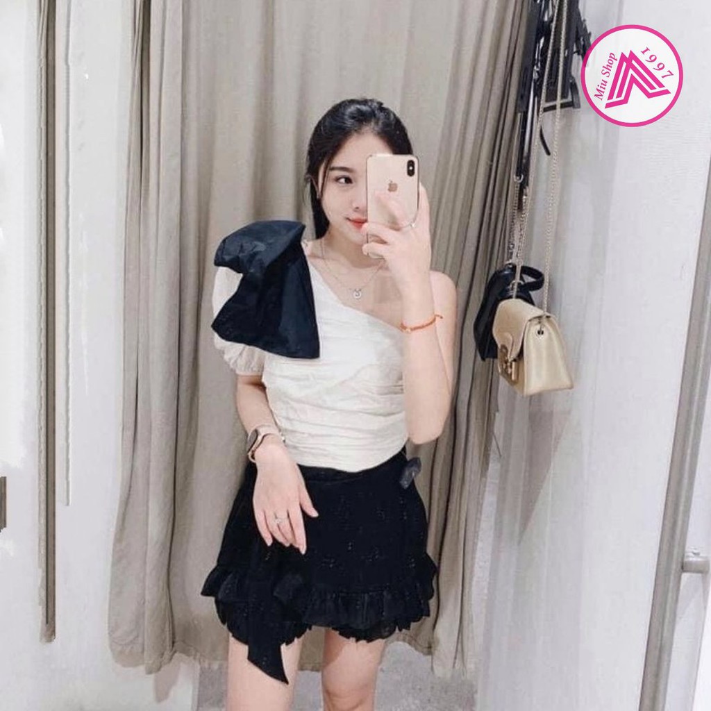 Áp Croptop Lệch Vai Nơ MONY (ÁO TRẮNG NƠ ĐEN)