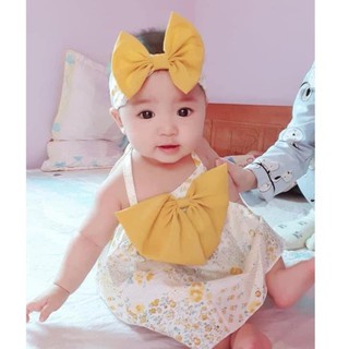 [Hàng Loại 1] Bộ nơ vàng quần vàng kèm turban hàng thiết kế body thiết kế cho bé gái từ sơ sinh lên tới 5 tuổi