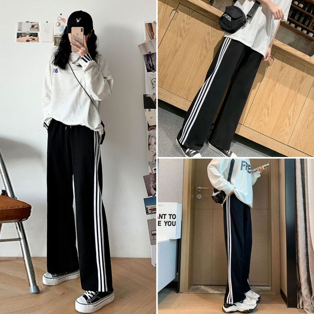Quần nữ 3 sọc thể thao, quần nữ ống rộng chất cotton dày dặn cao cấp có dây rút eo hàng nhập khẩu SKUQ-24A