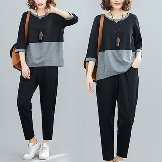 C28 bộ đồ big size freesize thời trang xuân thu phối 2 màu áo tay lỡ quần dài phong cách