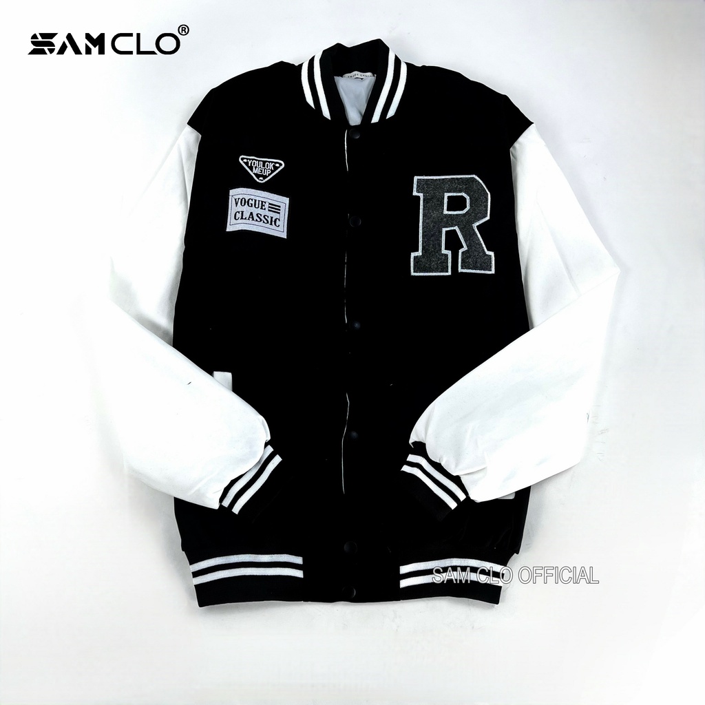 Áo khoác DA LỘN BOMBER nam nữ SAM CLO freesize phong cách bóng chày form rộng unisex mặc cặp - couple THÊU CHỮ R-CLASSIC
