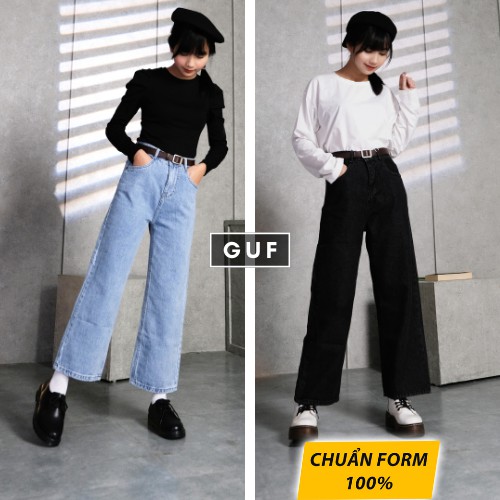 Quần Jean Nữ Ống Rộng Dáng Suông Dài Cạp Lưng Cao Màu Đen GUF