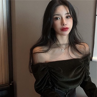 Áo kiểu trễ vai phối lưới thời trang xuân thu quyến rũ cho nữ