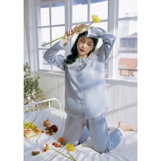 Set Pyjama lụa cổ hoa voan trắng 4 màu cao cấp