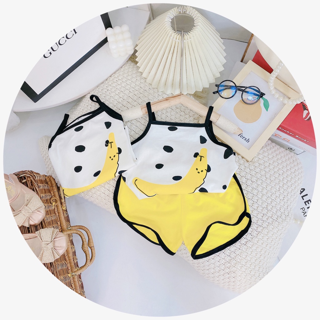 Bộ hai dây bé gái, bộ cotton 2 dây họa tiết chuối vàng- Happy Smile cho bé