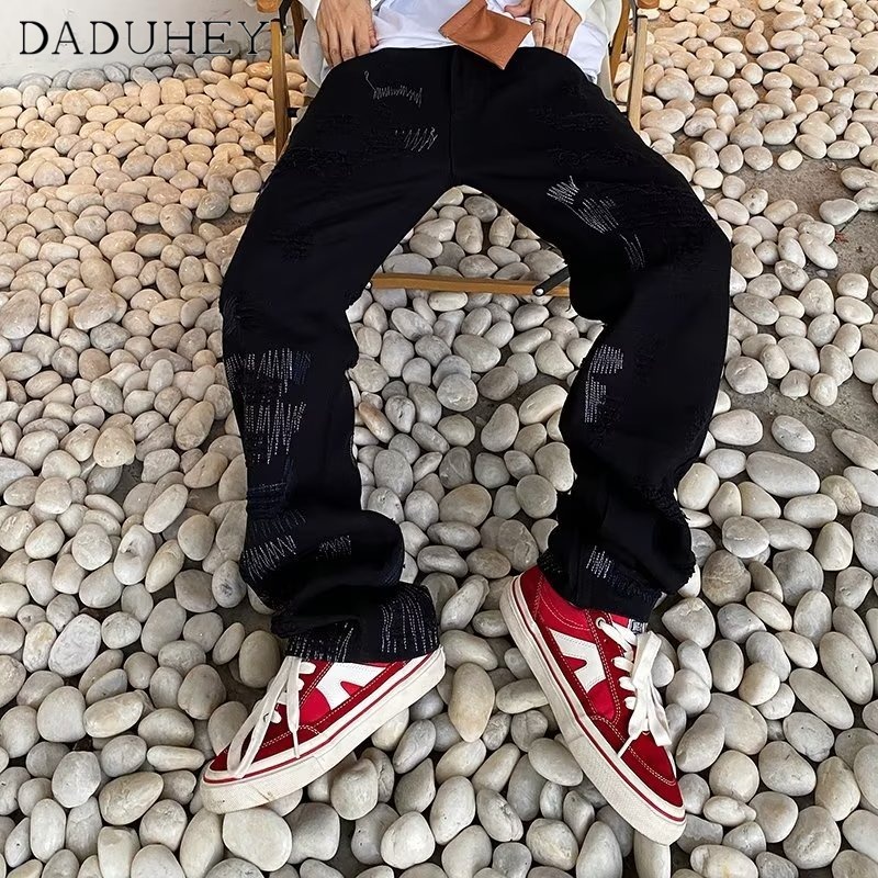 DaDuHey Men's Summer New 2022 Hong Kong Style Fashion Casual Pants Hip Hop Cool Ins Trendy High Street Fashionable Jeans