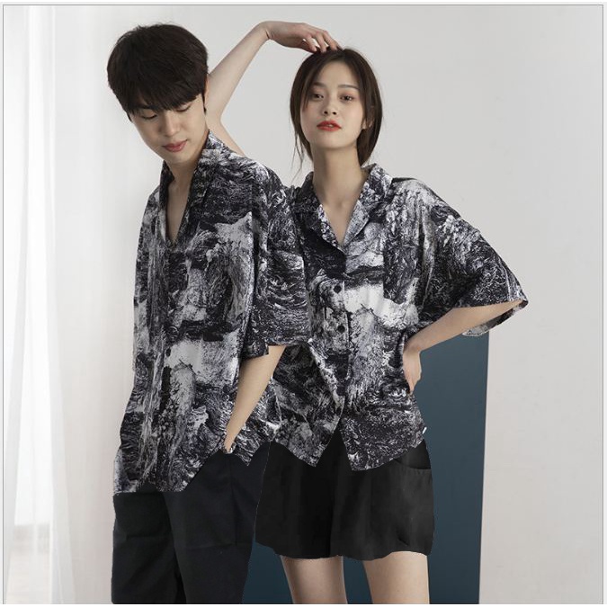 Áo sơ mi nam nữ họa tiết loang màu cộc tay cổ bẻ form rộng unisex 20UP 50-85kg 100% lụa cao cấp nhẹ thoáng mát | BigBuy360 - bigbuy360.vn